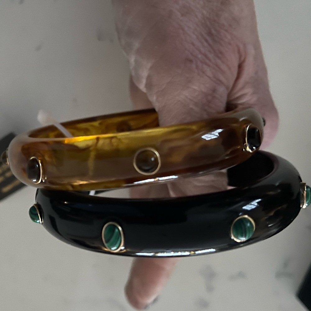 Black and Amber Bangle Bracelets with Green Accents